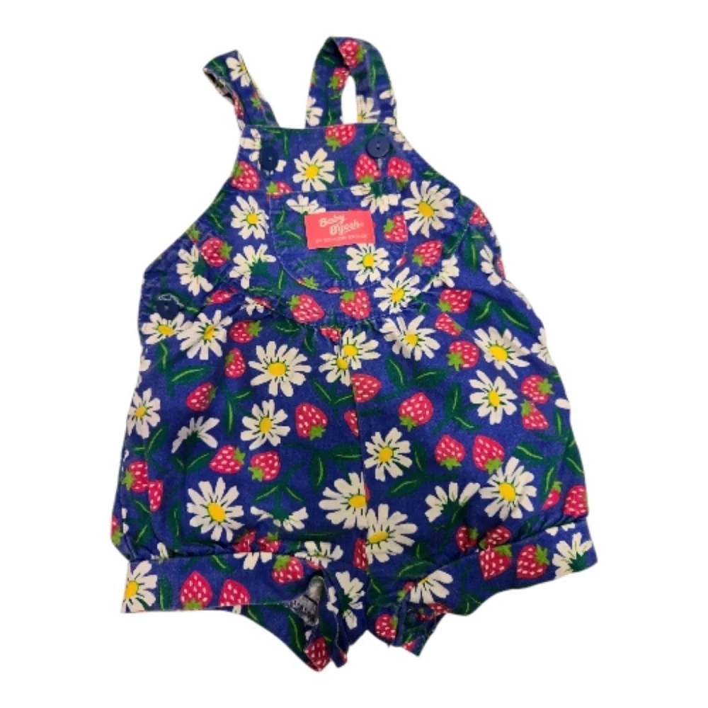 OshKosh B'gosh Vintage 1990s Blue Strawberry Print Floral Onesie Overalls